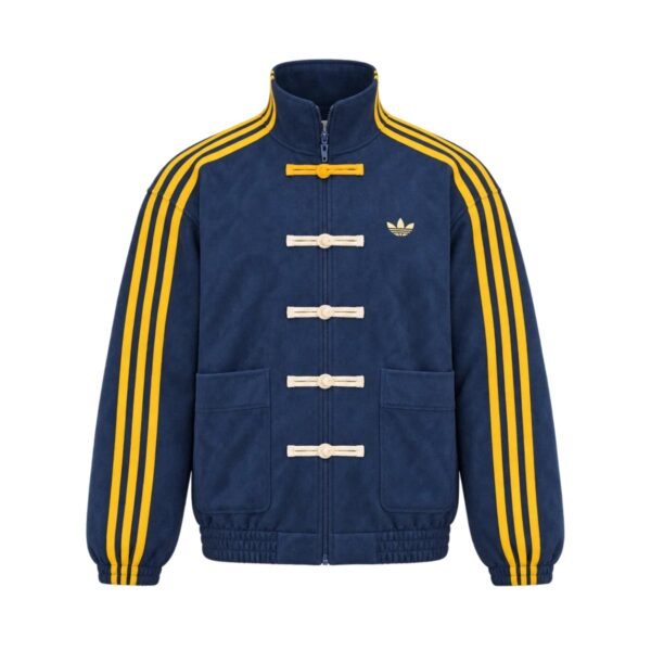Adidas Chinese limited edition casual jacket in navy blue front view showing frog knot closures