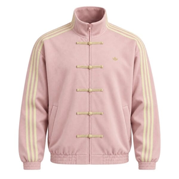 Adidas Chinese limited edition casual jacket in pink front view with gold frog closures