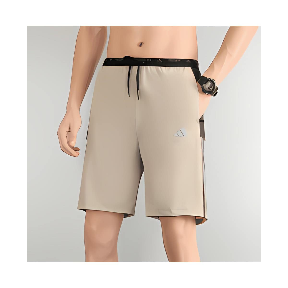 adidas-men-s-short-3-color-g3-7791 - UAE SPORT STORE Beige men's sports shorts with black waistband and side pocket.