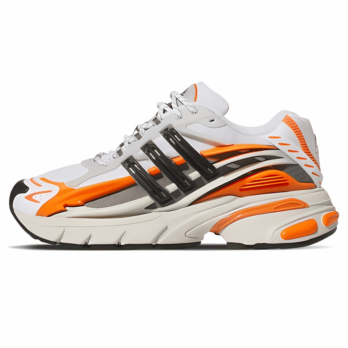 White and orange athletic running shoe with black stripes and thick sole.