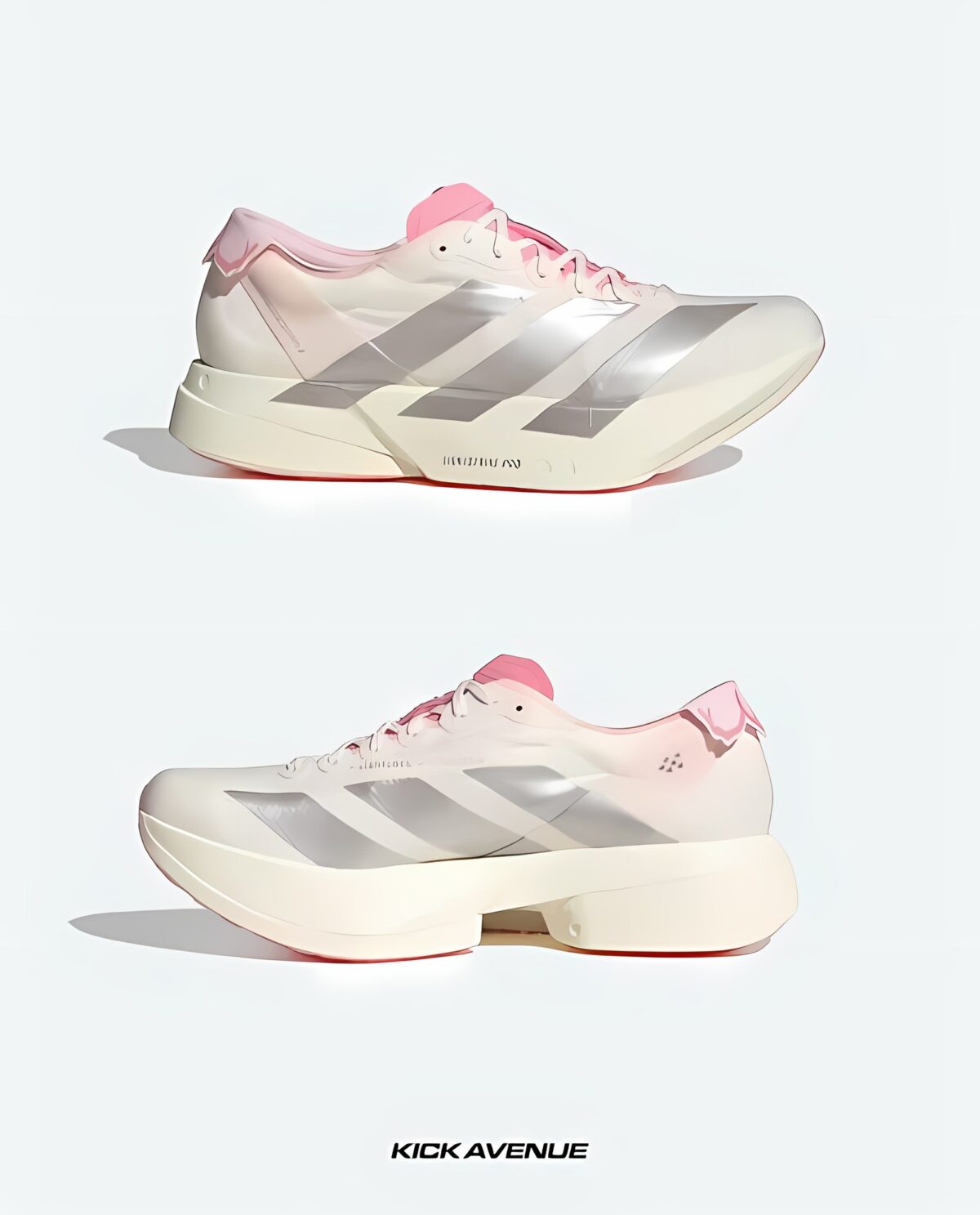 White and pink Adidas running shoes with chunky soles for women.