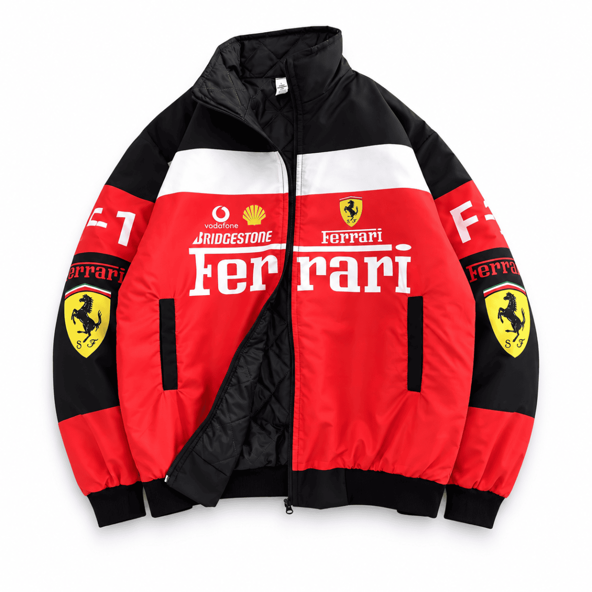 Ferrari branded sports jacket with red, black, and white colors and logo patches.
