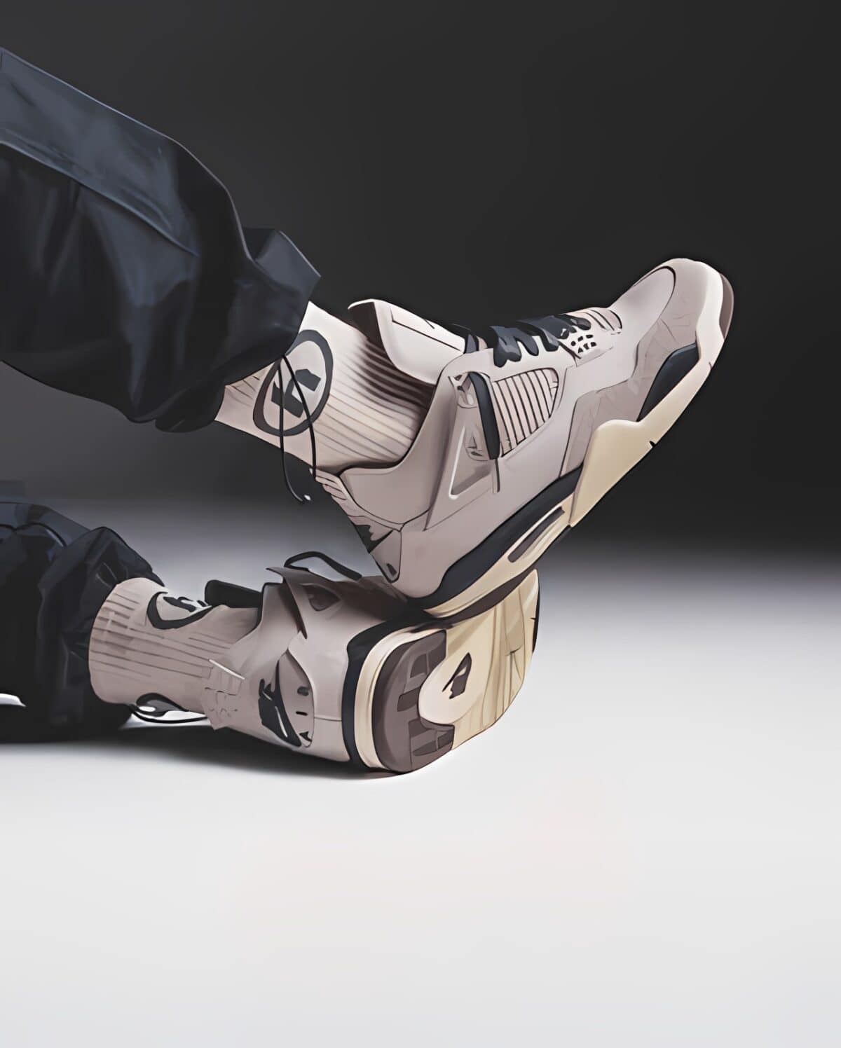 Close-up of beige and black sports shoes on a black and white background.