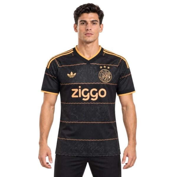 Ajax Amsterdam Away Jersey 202627 black and gold shirt front view - UAE SPORT STORE Ajax Amsterdam Away Jersey 2026/27 black and gold shirt front view