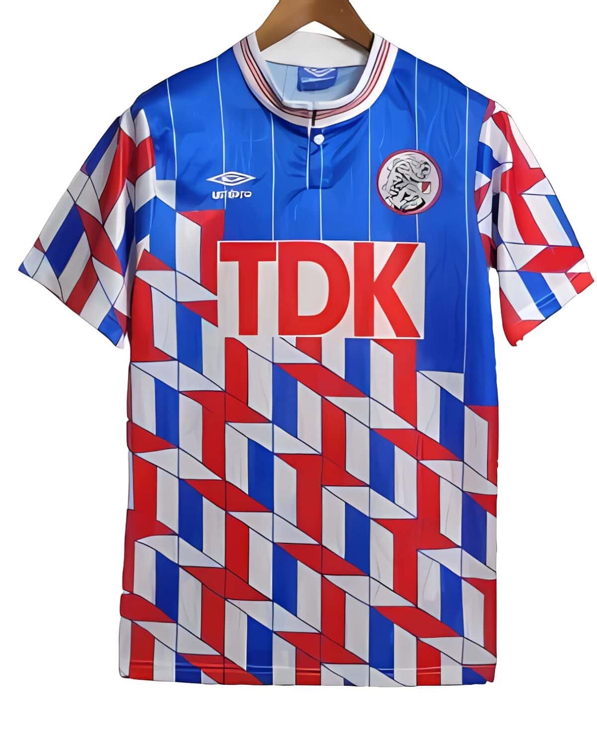 Fenerbahçe home football jersey with blue, red, and white geometric pattern, TDK logo.