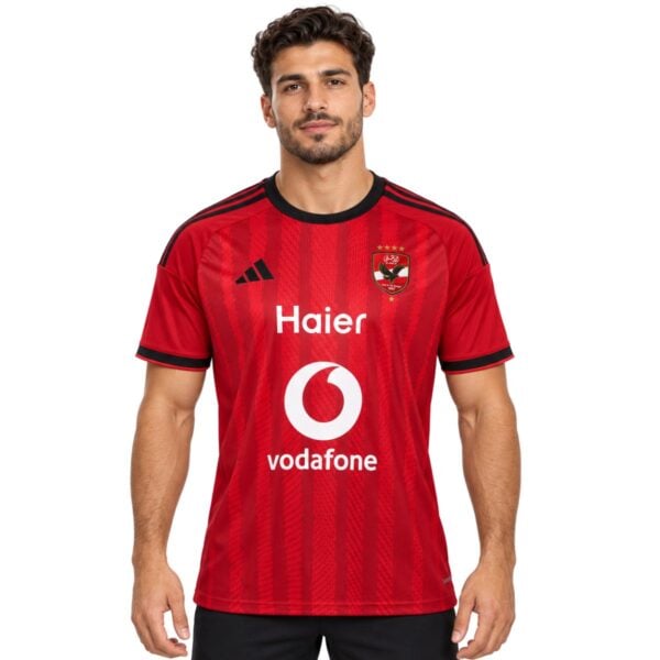 Al Ahly SC Home Jersey 202627 front red shirt with black Three Stripes - UAE SPORT STORE Al Ahly SC Home Jersey 2026/27 front – red shirt with black Three Stripes