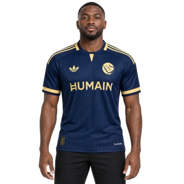 Al Nassr Away Jersey 202627 navy blue front view with gold HUMAIN sponsor - UAE SPORT STORE Al Nassr Away Jersey 2026/27 navy blue front view with gold HUMAIN sponsor
