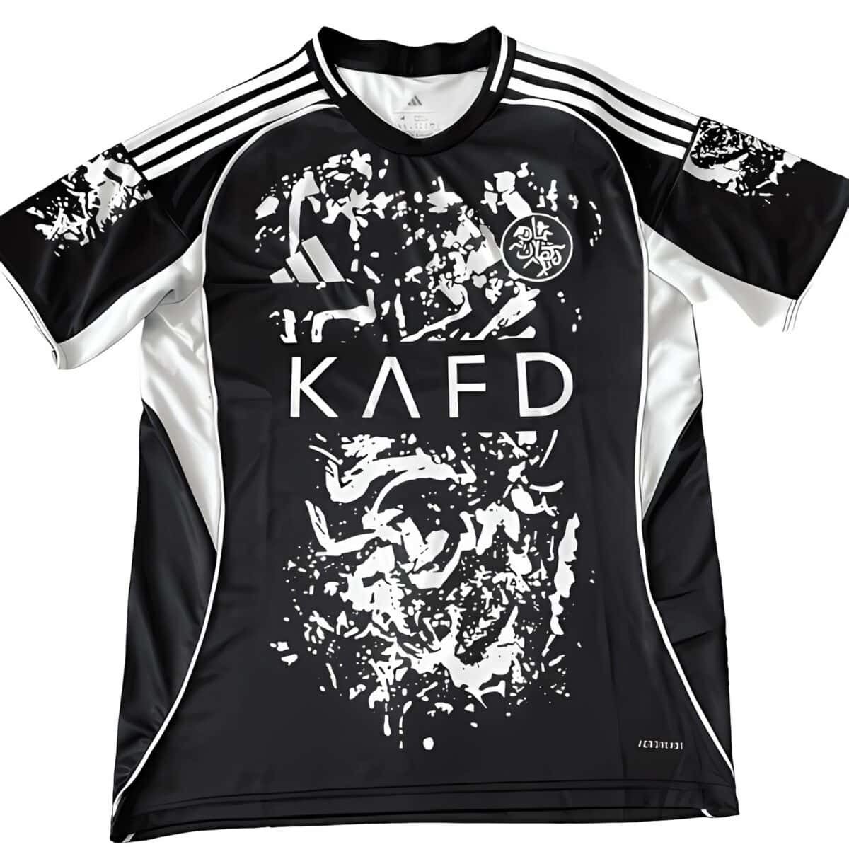 Black and white football jersey with graffiti design and KAFD logo.