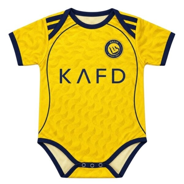 Al-Nassr Home Baby 202627 yellow bodysuit front view with crest and KAFD - UAE SPORT STORE Al-Nassr Home Baby 2026/27 yellow bodysuit front view with crest and KAFD