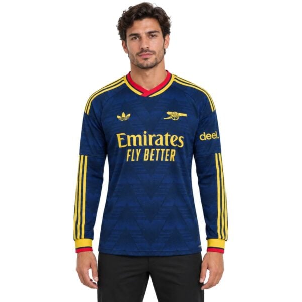 Arsenal Away Long Sleeve Jersey 202627 navy shirt front view with gold cannon crest - UAE SPORT STORE Arsenal Away Long Sleeve Jersey 2026/27 navy shirt front view with gold cannon crest