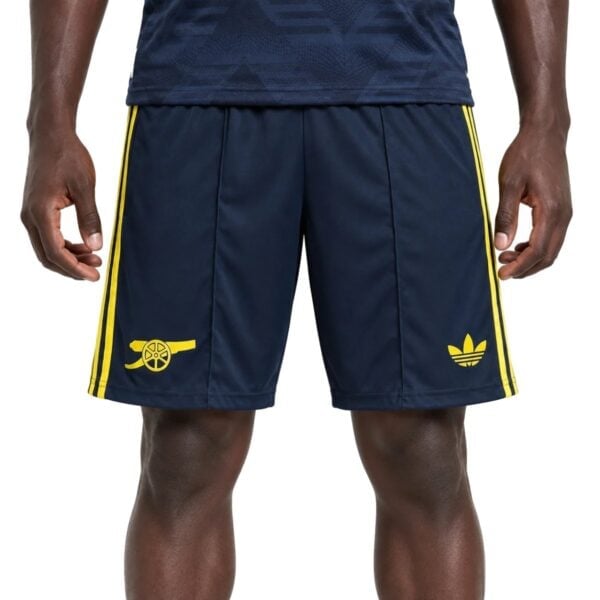 Arsenal Away Short 202627 navy shorts front view with yellow cannon crest - UAE SPORT STORE Arsenal Away Short 2026/27 navy shorts front view with yellow cannon crest