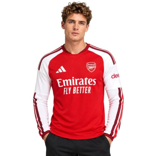 Arsenal Home Long Sleeve Jersey 202627 front view red with white long sleeves - UAE SPORT STORE Arsenal Home Long Sleeve Jersey 2026/27 front view – red with white long sleeves
