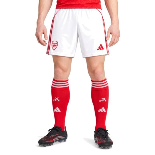 Arsenal Home Short 202627 front view white with red Three Stripes and cannon crest - UAE SPORT STORE Arsenal Home Short 2026/27 front view – white with red Three Stripes and cannon crest