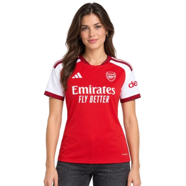 Arsenal Home Women Jersey 202627 front view red with white sleeves - UAE SPORT STORE Arsenal Home Women Jersey 2026/27 front view – red with white sleeves