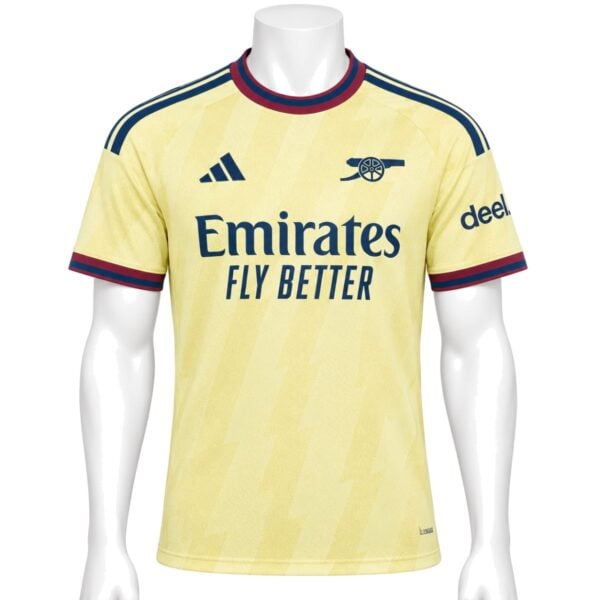 Arsenal Third Player Version Jersey 202627 front pale yellow shirt with navy Three Stripes and cannon crest - UAE SPORT STORE Arsenal Third Player Version Jersey 2026/27 front – pale yellow shirt with navy Three Stripes and cannon crest