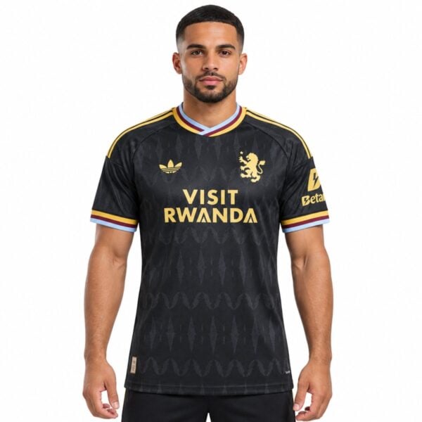 Aston Villa Away Jersey 202627 black and gold front view - UAE SPORT STORE Aston Villa Away Jersey 2026/27 black and gold front view
