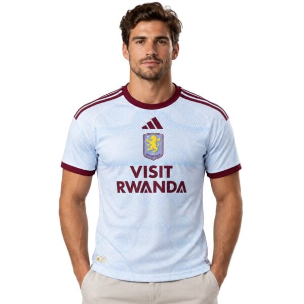 Aston Villa Third Jersey 202627 front sky blue shirt with claret collar and Visit Rwanda - UAE SPORT STORE Aston Villa Third Jersey 2026/27 front – sky blue shirt with claret collar and Visit Rwanda