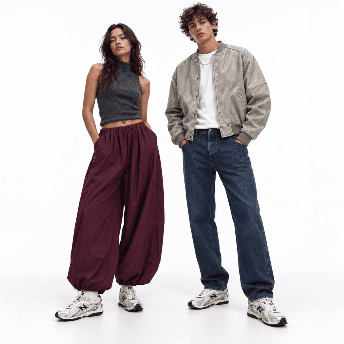 Two models wearing casual sportswear and New Balance 204L trainers in silver and black.