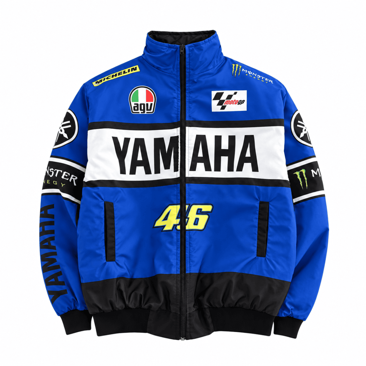 Yamaha MotoGP racing jacket with blue, black, and white colors, featuring Yamaha and Monster logos.