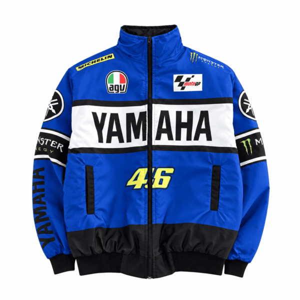 Yamaha MotoGP racing jacket with blue, black, and white colors, featuring Yamaha and Monster logos.