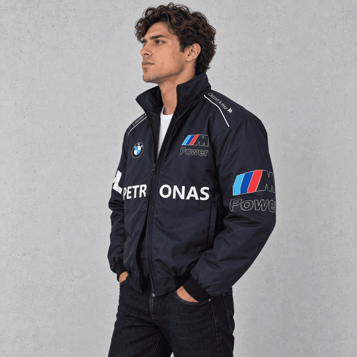 BMW M Motorsport jacket with BMW and M Power logos, black color, front view.