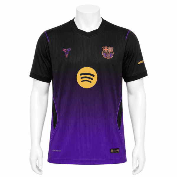 Barcelona away player jersey 2026/27 in black and purple with sponsor logo.