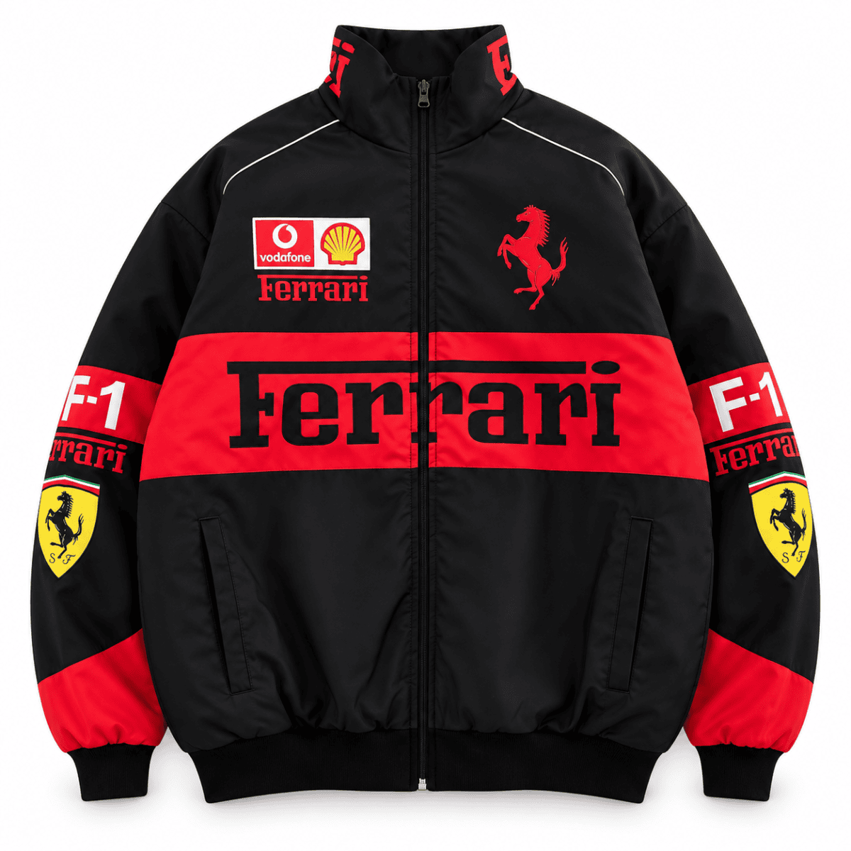 Ferrari Formula 1 team jacket with black and red colors, sponsor logos, and Ferrari emblem.