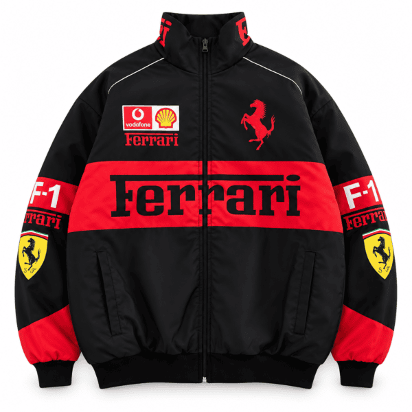 b805c599-7905-46d3-9591-90477ec6a7d6 - UAE SPORT STORE Ferrari Formula 1 team jacket with black and red colors, sponsor logos, and Ferrari emblem.