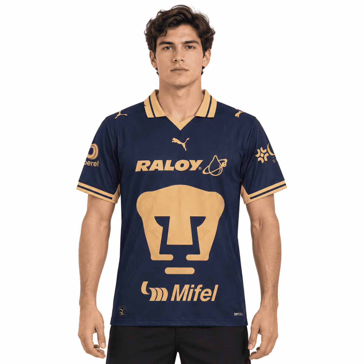 Pumas UNAM home jersey 26/27 with navy and gold colors, Puma logo, and sponsor logos.