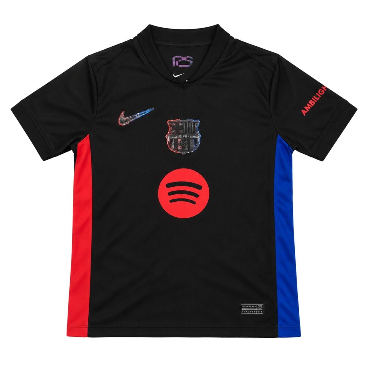 Barcelona away jersey 2024/25 with black, red, and blue colors and club badges.