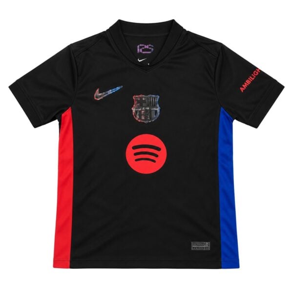 Barcelona away jersey 2024/25 with black, red, and blue colors and club badges.