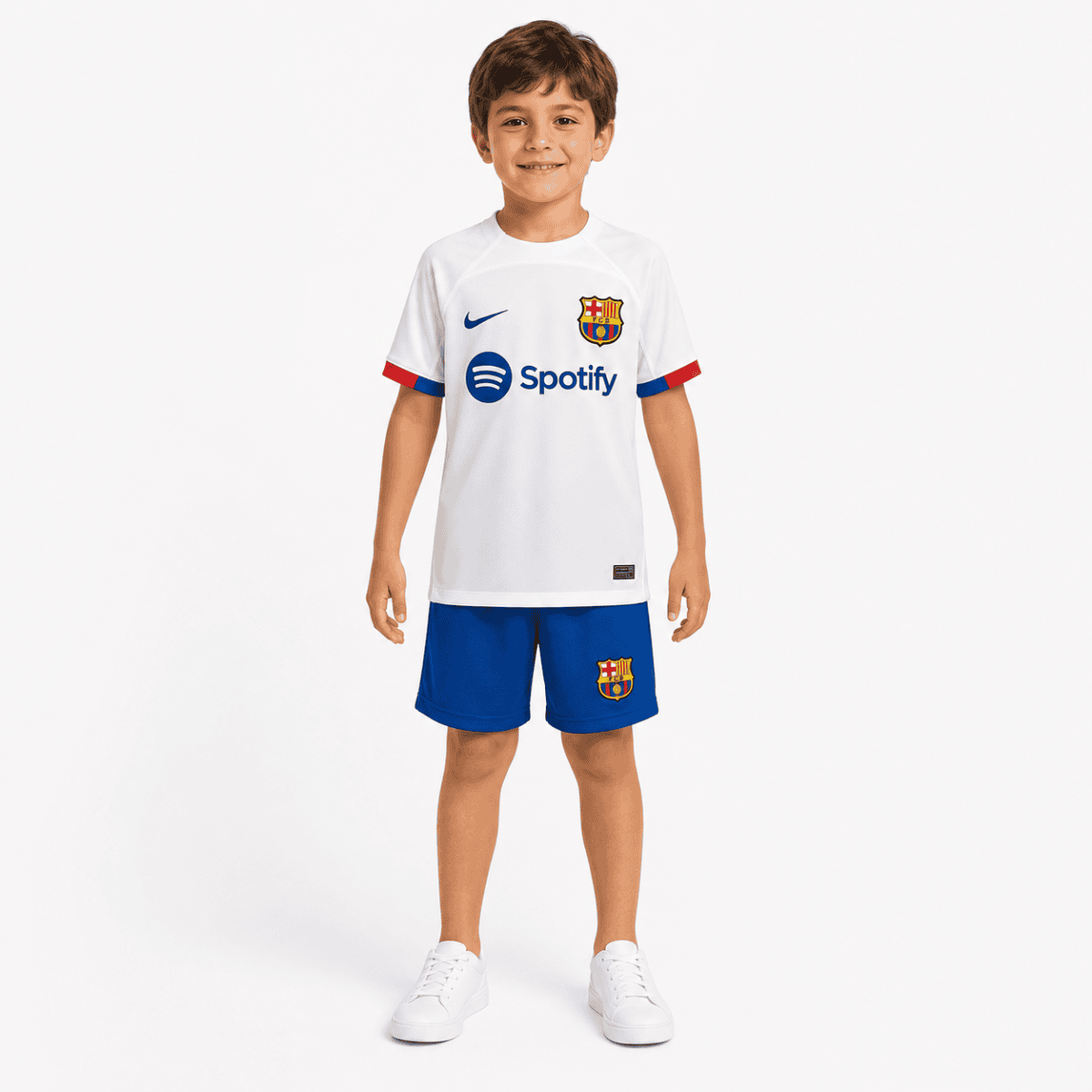 Barcelona Away Kids Kit 2023/24 - white jersey with blue shorts, front