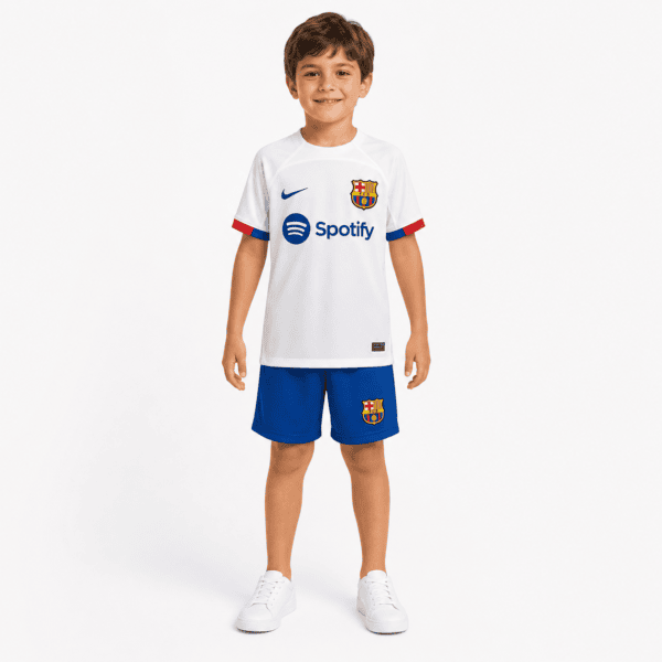 barcelona-away-kids-kit-2023-24-blue-shorts-front - UAE SPORT STORE Barcelona Away Kids Kit 2023/24 - white jersey with blue shorts, front