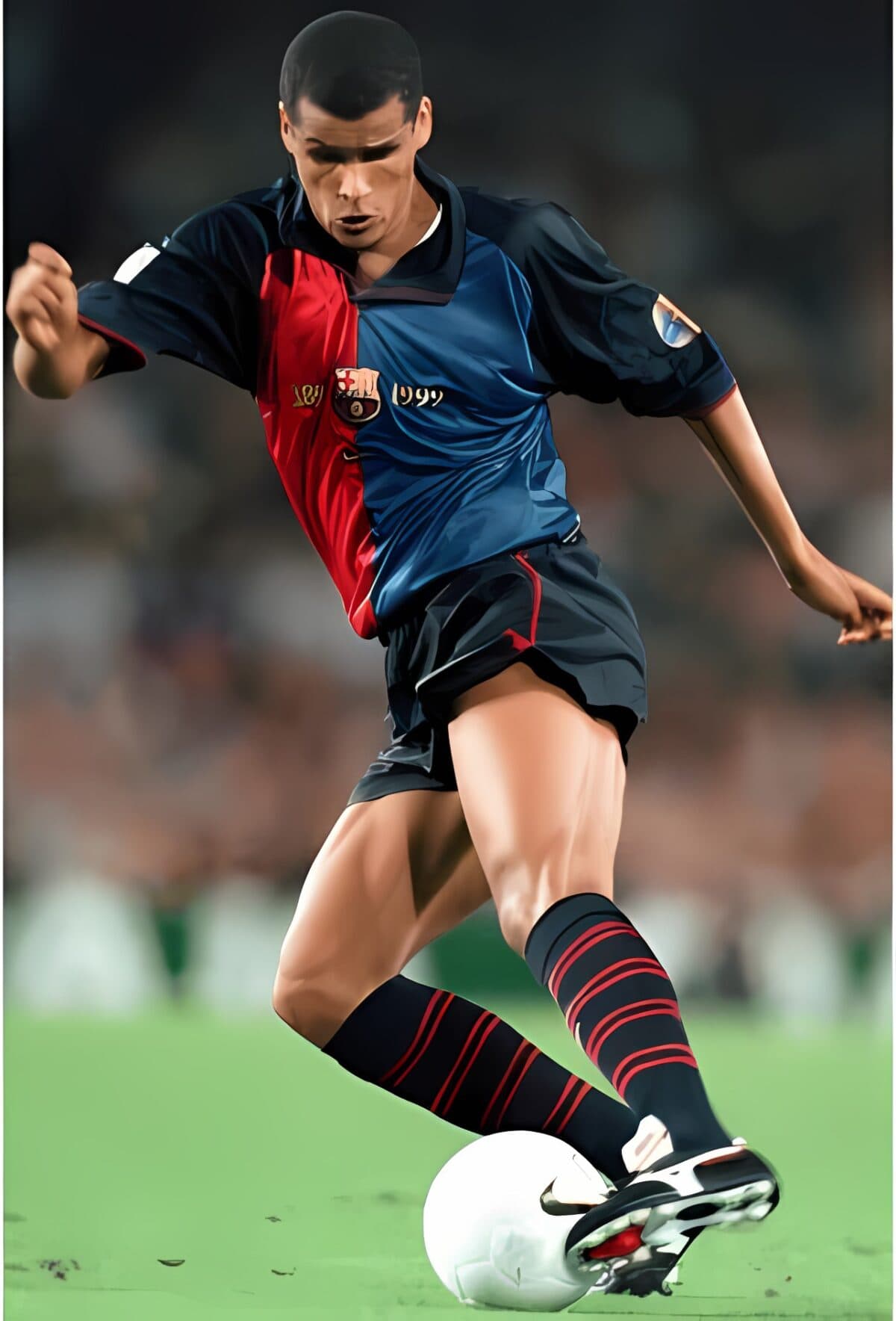Reference photo of a player in a red and blue Barcelona shirt kicking a ball.