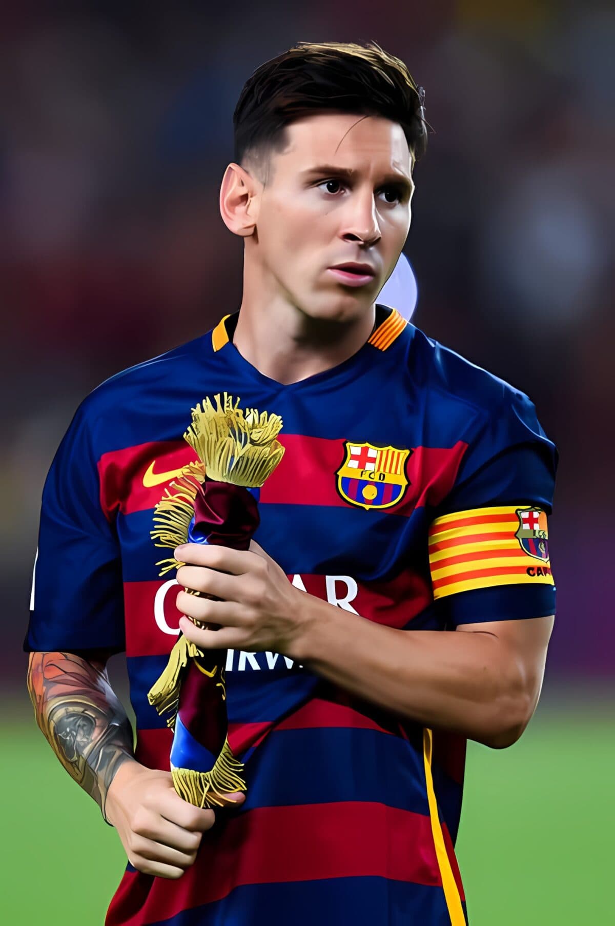 FC Barcelona home kit 2023-24, blue and red stripes, player holding a scarf.