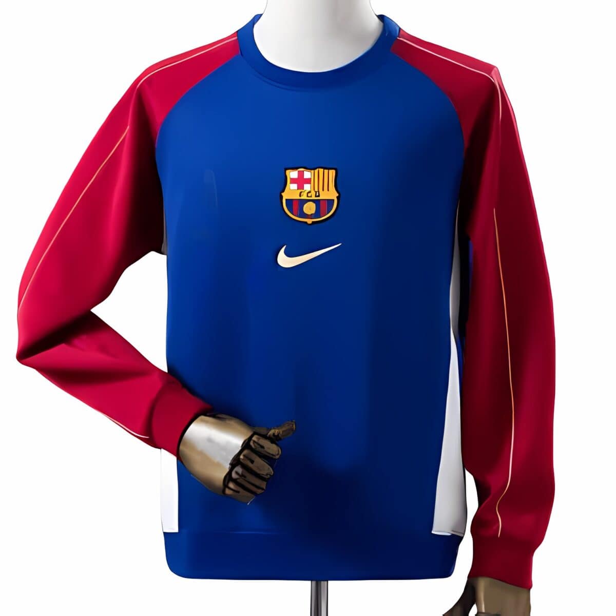 FC Barcelona goalkeeper jersey with blue body and red sleeves, Nike logo, and club crest.