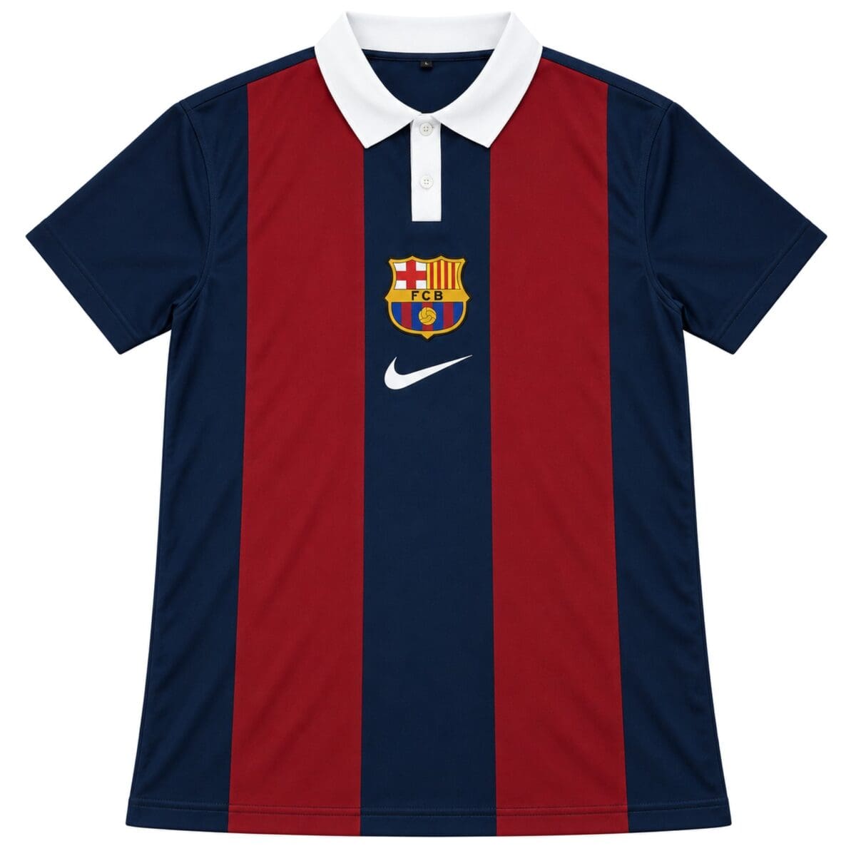 Barcelona football club striped navy and maroon polo shirt with crest and Nike logo.
