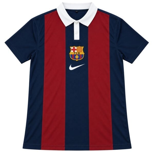 barcelona-striped-navy-maroon-polo-1 - UAE SPORT STORE Barcelona football club striped navy and maroon polo shirt with crest and Nike logo.