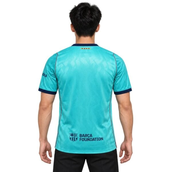 Barcelona Third Jersey 2026/27 back view in turquoise with navy collar