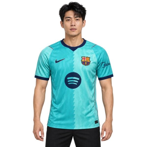 Barcelona Third Jersey 202627 turquoise front view with navy Spotify sponsor - UAE SPORT STORE Barcelona Third Jersey 2026/27 turquoise front view with navy Spotify sponsor