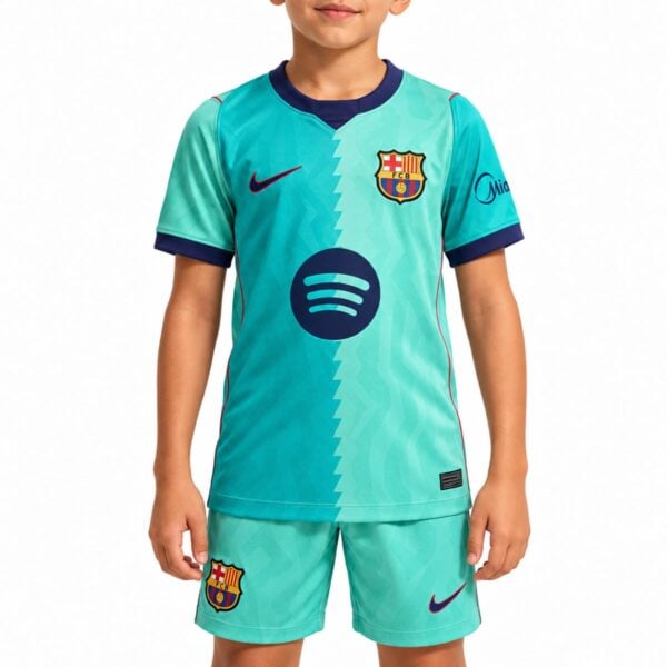 Barcelona Third Kids Kit 202627 mint and aqua green jersey and shorts front view - UAE SPORT STORE Barcelona Third Kids Kit 2026/27 mint and aqua green jersey and shorts front view
