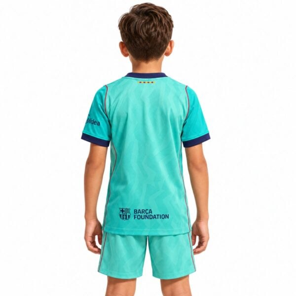 Barcelona Third Kids Kit 2026/27 back view with Barca Foundation print