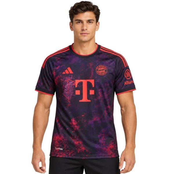 Bayern Munich Third Jersey 202627 front view purple and red marble print - UAE SPORT STORE Bayern Munich Third Jersey 2026/27 front view – purple and red marble print