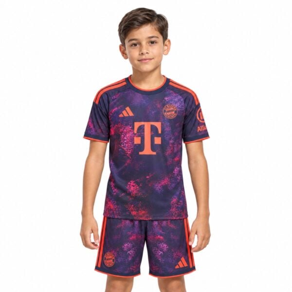 Bayern Munich Third Kids Kit 202627 navy purple marble jersey and shorts front view - UAE SPORT STORE Bayern Munich Third Kids Kit 2026/27 navy purple marble jersey and shorts front view