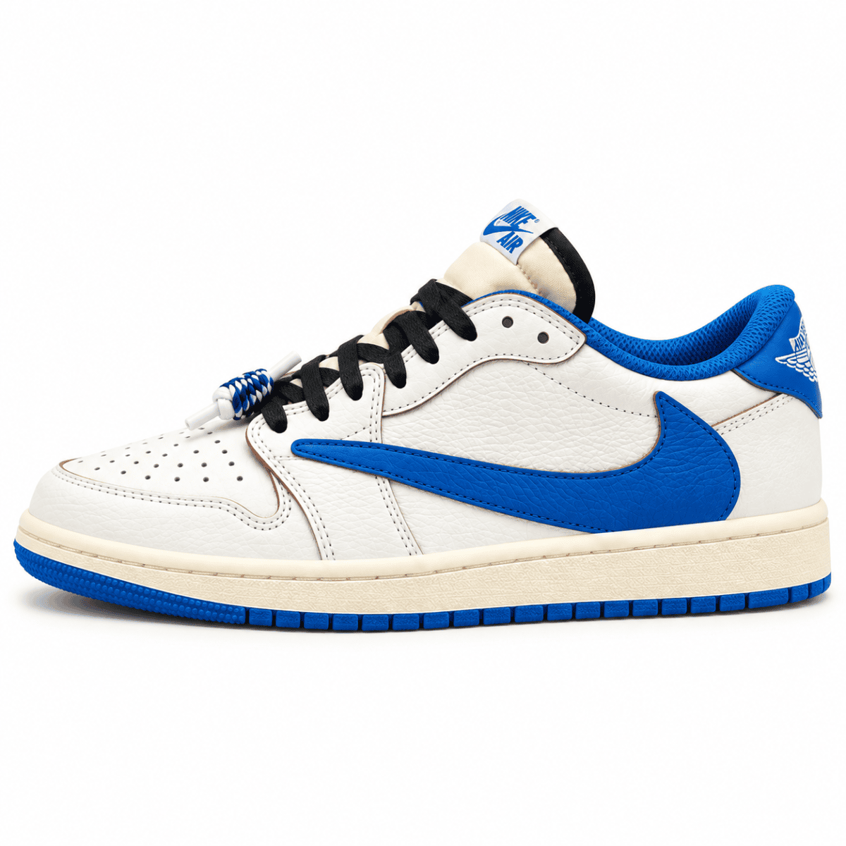 White and blue Nike Air Jordan 1 Low OG sneaker with black laces and blue accents.