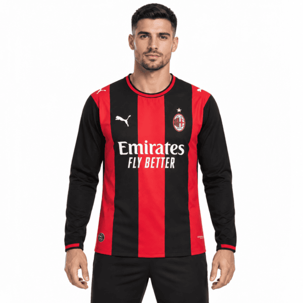 bf095859-0b8b-4e84-9a0d-8fc5383c52bf - UAE SPORT STORE AC Milan home long sleeve jersey 2026/27 with black and red stripes, Puma logo, and club crest.