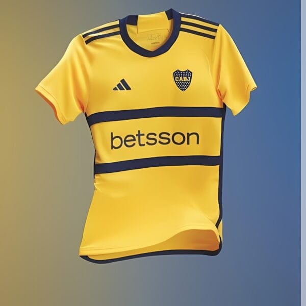 Boca Juniors away football jersey yellow with blue accents and sponsor logo.