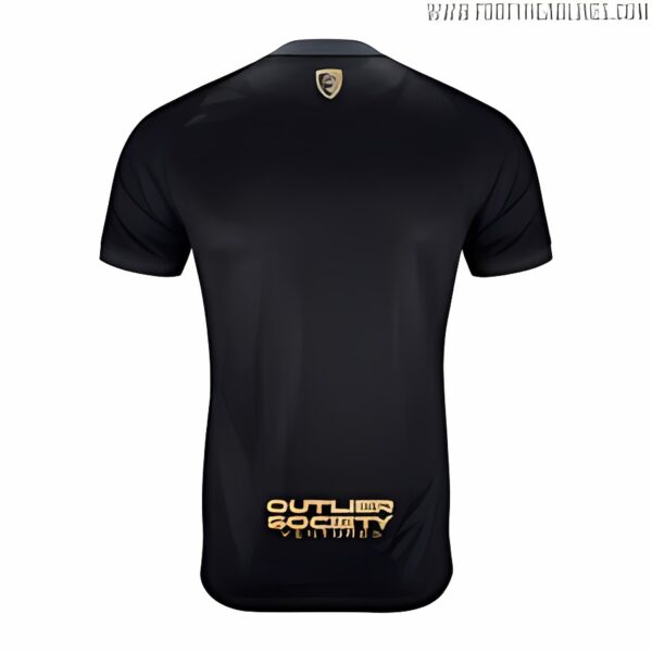 Black football jersey with gold logo and text, back view, UAE sports store.