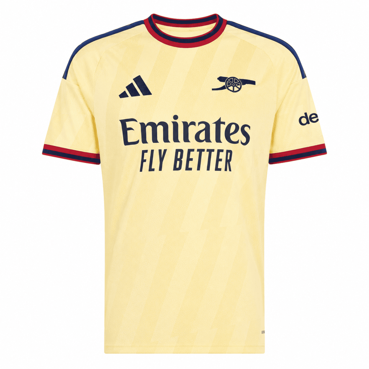 Arsenal third football jersey 2026/27 season in yellow with red and blue accents.