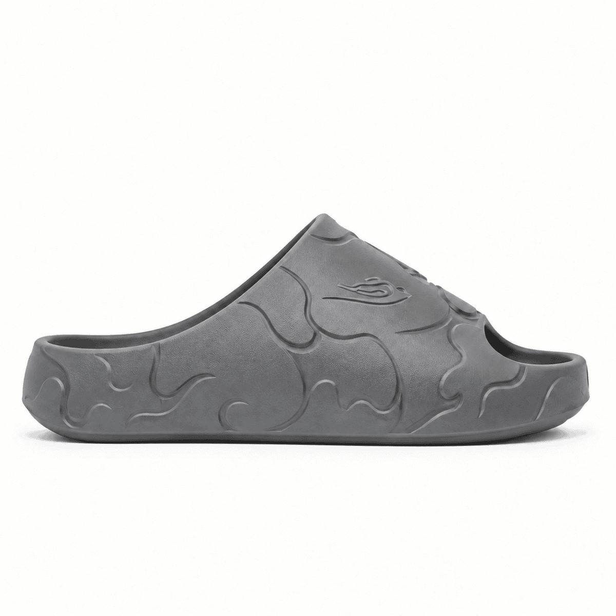 Grey Bape Slides with flame design and open toe for casual wear.